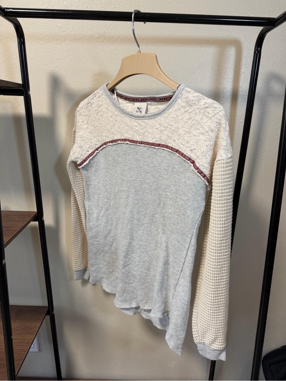 Knox Rose Waffle Knit Long Sleeve Henley Top Small Cream Pink Velvet Trim